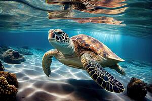 generativ ai Illustration von ein Meer Schildkröte im Kristall klar Wasser. tolle kristallin Meeresboden. Riff voll von Leben foto