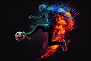 generativ ai Illustration von das Wesen von ein Fußball Spieler im Bewegung wie Sie trete ein Ball mit heftig Energie, umgeben durch beschwingt Farben und spritzt foto