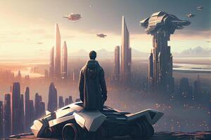 generativ ai Illustration von Horizont Serenade, einsam Mann und futuristisch Stadtbild mit fliegend Autos und Wolkenkratzer foto