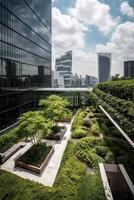 generativ ai Illustration von Herrlich Garten auf das Dach von ein zeitgenössisch Glas Büro Gebäude im Asien foto
