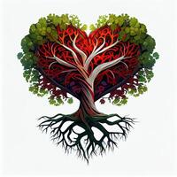 generativ ai Illustration von Baum von Leben, Wurzeln Herstellung rot Herz Form, keltisch Stil, bunt, Weiß Hintergrund foto