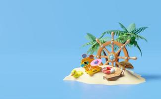 Sternrad mit Koffer, Strand Stuhl, Regenschirm, Palme Baum, Rettungsring, Koffer, Ente, Boot, Insel isoliert auf Blau Himmel Hintergrund. Sommer- Reise Konzept, 3d Illustration oder 3d machen foto