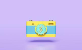 Gelb Blau Kamera mit Dollar Münze Geld isoliert auf lila Hintergrund. Investition, Speichern Geld, Geschäft Bankwesen Finanzen Konzept, 3d Illustration oder 3d machen foto