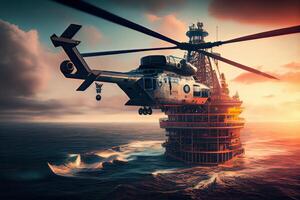 generativ ai Illustration von ein Off-Shore Öl Plattform, mit ein Hubschrauber geparkt auf oben von es und ein hell Fackel Verbrennung im das Hintergrund foto