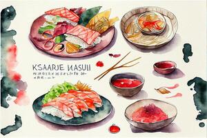 generativ ai Illustration von Knolling japanisch Küche Essen, Aquarell Farbe Stil, einstellen von asiatisch Essen foto