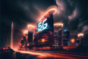 generativ ai Illustration von futuristisch Stadt beim Nacht, 5g Internet Netzwerk kabellos Systeme und Internet von Dinge, Clever Stadt und Kommunikation Netzwerk Konzept. foto