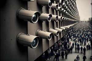generativ ai Illustration von Gebäude absolut bedeckt mit Überwachung Kameras von oben zu Unterseite. das Super Sicherheit System. groß Bruder ist Aufpassen Du. foto