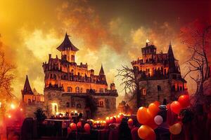 generativ ai Illustration von bunt Halloween Innen- Party, Kinder spielen auf Nacht Halloween Straße, gruselig Schloss, amerikanisch Gegend Hintergrund. digital generiert Bild. foto