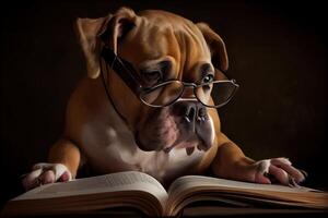 generativ ai Illustration von intelligent ernst Hund im Brille lesen ein Buch, volumn Licht foto