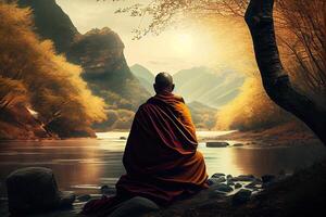 generativ ai Illustration von Buddhist Mönch im Meditation neben das Fluss mit schön Natur Hintergrund foto