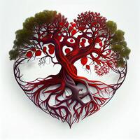 generativ ai Illustration von Baum von Leben, Wurzeln Herstellung rot Herz Form, keltisch Stil, bunt, Weiß Hintergrund foto