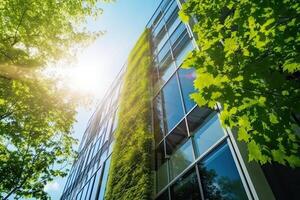 generativ ai Illustration von Herrlich Garten auf das Dach von ein zeitgenössisch Glas Büro Gebäude im Asien foto