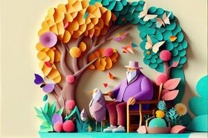 generativ ai Illustration von Origami Frühling Hintergrund, froh Alten, glücklich Familie mit Elternteil, bunt. Papier Schnitt Handwerk, 3d Papier Illustration Stil, Pop Farbe. neural Netzwerk generiert Kunst. foto