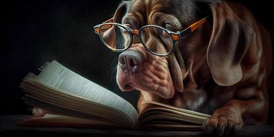 generativ ai Illustration von intelligent ernst Hund im Brille lesen ein Buch, volumn Licht foto