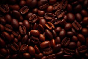 generativ ai Illustration von geröstet Kaffee Bohnen Nahansicht auf dunkel Hintergrund, verschwommen Hintergrund foto