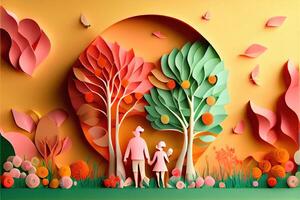 generativ ai Illustration von Origami Frühling Hintergrund, froh Alten, glücklich Familie mit Elternteil, bunt. Papier Schnitt Handwerk, 3d Papier Illustration Stil, Pop Farbe. neural Netzwerk generiert Kunst. foto