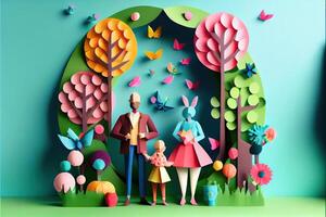 generativ ai Illustration von Origami Frühling Hintergrund, froh Alten, glücklich Familie mit Elternteil, bunt. Papier Schnitt Handwerk, 3d Papier Illustration Stil, Pop Farbe. neural Netzwerk generiert Kunst. foto