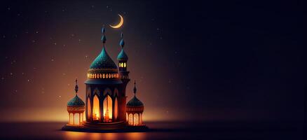 generativ ai Illustration von islamisch Urlaub. Ramadan Nacht. Moschee und Laterne angezeigt auf Stufen mit glühend Licht im das Abend. Hintergrund und Banner Hintergrund. foto