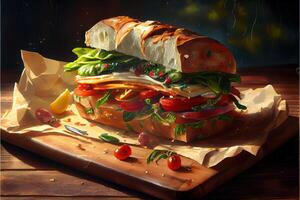 generativ ai Illustration von Luxus Italienisch Sonne Sandwich, Sitzung auf ein Holz Tafel im ein klein Italienisch Feinkost foto