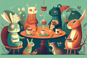 generativ ai Illustration von ein wunderlich Tee Party Szene mit ein Vielfalt von reden Tiere und Figuren, im ein bunt und spielerisch Stil im Wunderland foto