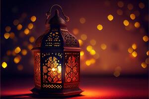 generativ ai Illustration von Muslim heilig Monat Ramadan kareem Arabisch Laterne mit Bokeh, Neon- Licht und Laterne angezeigt auf Stufen mit glühend Licht im das Abend. Hintergrund und Banner Hintergrund. foto