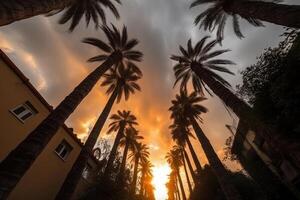 Palme Baum Silhouetten gegen Sonnenuntergang Himmel. generativ ai foto
