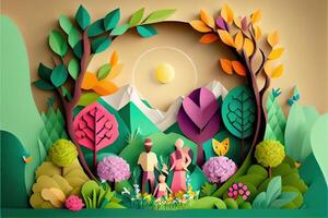 generativ ai Illustration von Origami Frühling Hintergrund, froh Alten, glücklich Familie mit Elternteil, bunt. Papier Schnitt Handwerk, 3d Papier Illustration Stil, Pop Farbe. neural Netzwerk generiert Kunst. foto