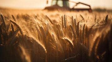 generativ ai, Nahansicht modern kombinieren Mähdrescher auf ein Weizen Feld, Bauernhof Landschaft, landwirtschaftlich schön Landschaft. Natur Illustration, fotorealistisch horizontal Banner. foto