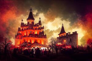 generativ ai Illustration von bunt Halloween Innen- Party, Kinder spielen auf Nacht Halloween Straße, gruselig Schloss, amerikanisch Gegend Hintergrund. digital generiert Bild. foto