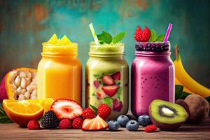 generativ ai Illustration von Smoothies und Säfte gemacht von ein Vielfalt von frisch Früchte von das Tropen. sauber Essen, ein gesund Diät, und Vitamin infundiert Getränke sind Konzepte, verschwommen Hintergrund foto