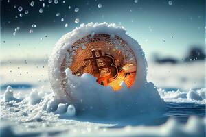 generativ ai Illustration von gefroren Bitcoin, kalt und Schnee. bisschen Münze Symbol im Eis und Schnee foto