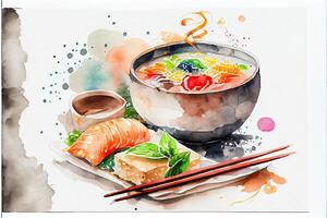 generativ ai Illustration von Knolling japanisch Küche Essen, Aquarell Farbe Stil, einstellen von asiatisch Essen foto