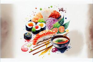 generativ ai Illustration von Knolling japanisch Küche Essen, Aquarell Farbe Stil, einstellen von asiatisch Essen foto