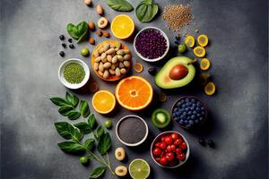 generativ ai Illustration von gesund Essen sauber Essen Auswahl auf grau Beton Hintergrund foto