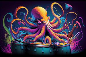 generativ ai Illustration von ein Riese Tintenfisch spielen das Schlagzeug im ein Felsen Band, im ein Digital Gemälde Stil mit beschwingt Farben foto