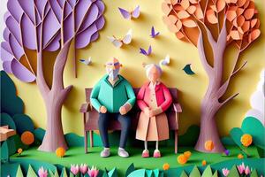 generativ ai Illustration von Origami Frühling Hintergrund, froh Alten, glücklich Familie mit Elternteil, bunt. Papier Schnitt Handwerk, 3d Papier Illustration Stil, Pop Farbe. neural Netzwerk generiert Kunst. foto