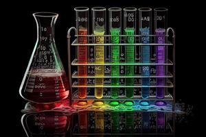 generativ ai Illustration von das periodisch Diagramm sind Prüfung Röhren und Flaschen benutzt im Laboratorien mit farbig Flüssigkeiten foto