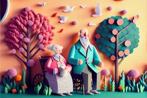 generativ ai Illustration von Origami Frühling Hintergrund, froh Alten, glücklich Familie mit Elternteil, bunt. Papier Schnitt Handwerk, 3d Papier Illustration Stil, Pop Farbe. neural Netzwerk generiert Kunst. foto