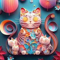 generativ ai Illustration von Papier Schnitt Handwerk, quilling multi dimensional Vietnamesisch Stil, süß Tierkreis Kitty Katze mit Laternen im Hintergrund, Chinesisch Neu Jahr. 3d Papier Illustration Stil. foto