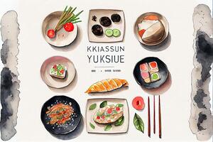 generativ ai Illustration von Knolling japanisch Küche Essen, Aquarell Farbe Stil, einstellen von asiatisch Essen foto