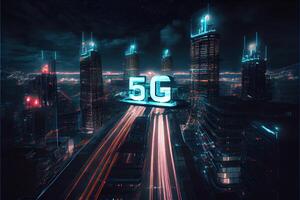 generativ ai Illustration von futuristisch Stadt beim Nacht, 5g Internet Netzwerk kabellos Systeme und Internet von Dinge, Clever Stadt und Kommunikation Netzwerk Konzept. foto