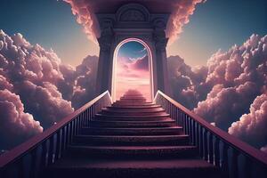 generativ ai Illustration von ein atemberaubend Treppe Das führt oben zu ein paradiesisch Reich. das Treppe sind beleuchtet mit ein weich, ätherisch Licht, ein neblig, magisch Dunst foto