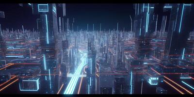 generativ ai Illustration von Fantasie futuristisch Stadt mit Autobahnen und Wolkenkratzer, Cyber Stadt foto