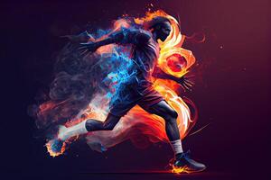 generativ ai Illustration von das Wesen von ein Fußball Spieler im Bewegung wie Sie trete ein Ball mit heftig Energie, umgeben durch beschwingt Farben und spritzt foto