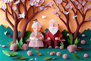 generativ ai Illustration von Origami Frühling Hintergrund, froh Alten, glücklich Familie mit Elternteil, bunt. Papier Schnitt Handwerk, 3d Papier Illustration Stil, Pop Farbe. neural Netzwerk generiert Kunst. foto