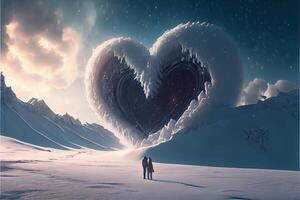 generativ ai Illustration von ein Schneesturm von Liebe. Paar küssen im Schnee. groß Herz. Liebe und Valentinstag Tag Konzept. neural Netzwerk generiert Kunst. digital generiert Bild. foto