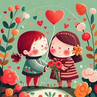 generativ ai Illustration von ein bezaubernd und liebenswert Karikatur Charakter zum Valentinstag Tag, Liebe, Herzen, Blumen, Romantik, Glücklich, heiter, froh, Spaß, spielerisch, unbeschwert, Süss foto