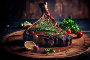 generativ ai Illustration von frisch gegrillt Tomahawk Steaks auf hölzern Schneiden Planke, hervorragend köstlich Tomahawk Steak, Grill foto