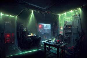 generativ ai Illustration von unordentlich und dunkel Cyberpunk Hacker Versteck Zimmer mit Beleuchtung foto