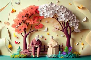 generativ ai Illustration von Origami Frühling Hintergrund, froh Alten, glücklich Familie mit Elternteil, bunt. Papier Schnitt Handwerk, 3d Papier Illustration Stil, Pop Farbe. neural Netzwerk generiert Kunst. foto